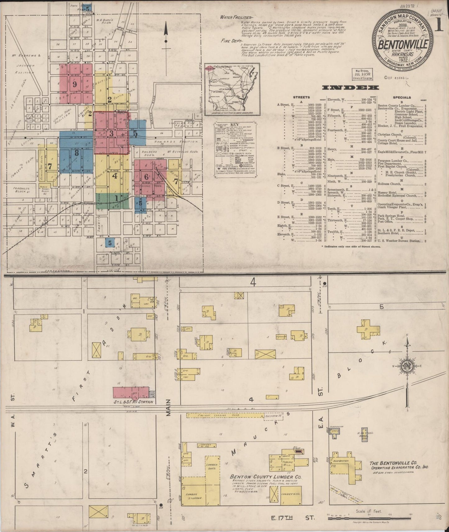 Sanborn Fire Insurance Map from Bentonville, Benton County, Arkansas (1922), Sheet #0001 - Complete Map Set gallery image, historic Sanborn map, vintage wall art, Arkansas Arkansas