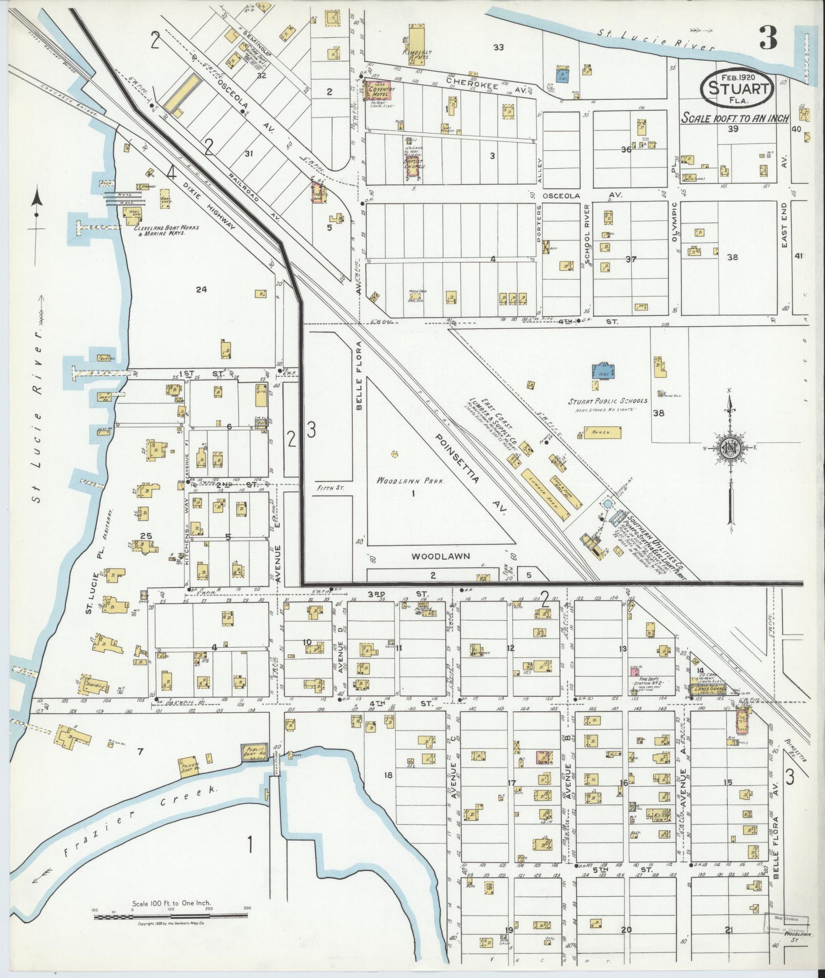 Sanborn Fire Insurance Map from Stuart, Martin County, Florida (1920), Sheet #0003 - Complete Map Set gallery image, historic Sanborn map, vintage wall art, Florida Florida