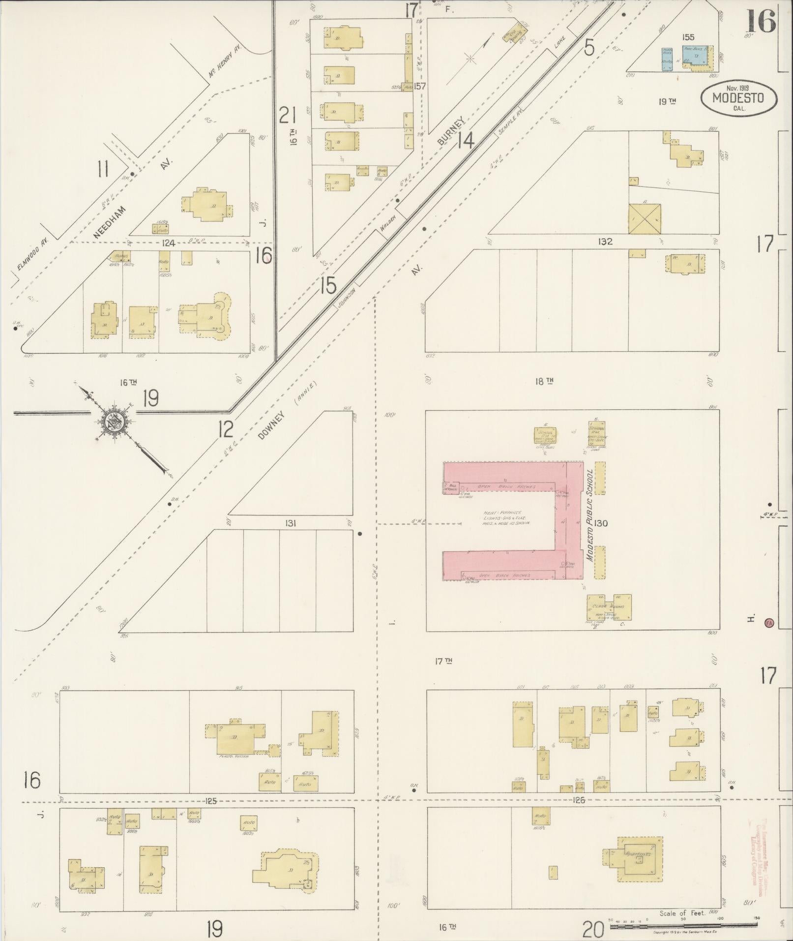Sanborn Fire Insurance Map from Modesto, Stanislaus County, California (1919), Sheet #0016 - Complete Map Set gallery image, historic Sanborn map, vintage wall art, California California