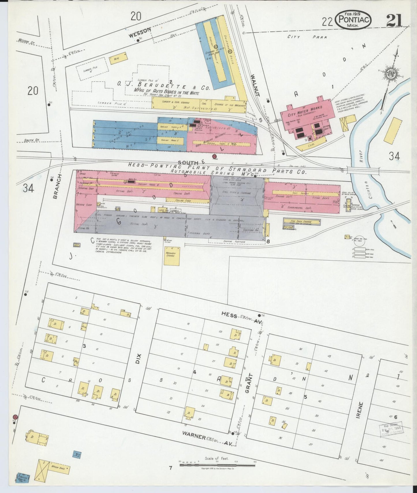 Sanborn Fire Insurance Map from Pontiac, Oakland County, Michigan (1919), Sheet #0021 - Historic Sanborn Fire Insurance Map Print, vintage old map wall art, antique decor, genealogy gift, Michigan Michigan map