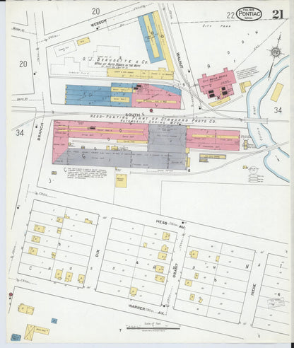Sanborn Fire Insurance Map from Pontiac, Oakland County, Michigan (1919), Sheet #0021 - Historic Sanborn Fire Insurance Map Print, vintage old map wall art, antique decor, genealogy gift, Michigan Michigan map