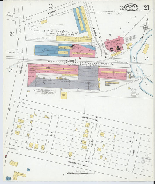 Sanborn Fire Insurance Map from Pontiac, Oakland County, Michigan (1919), Sheet #0021 - Historic Sanborn Fire Insurance Map Print, vintage old map wall art, antique decor, genealogy gift, Michigan Michigan map