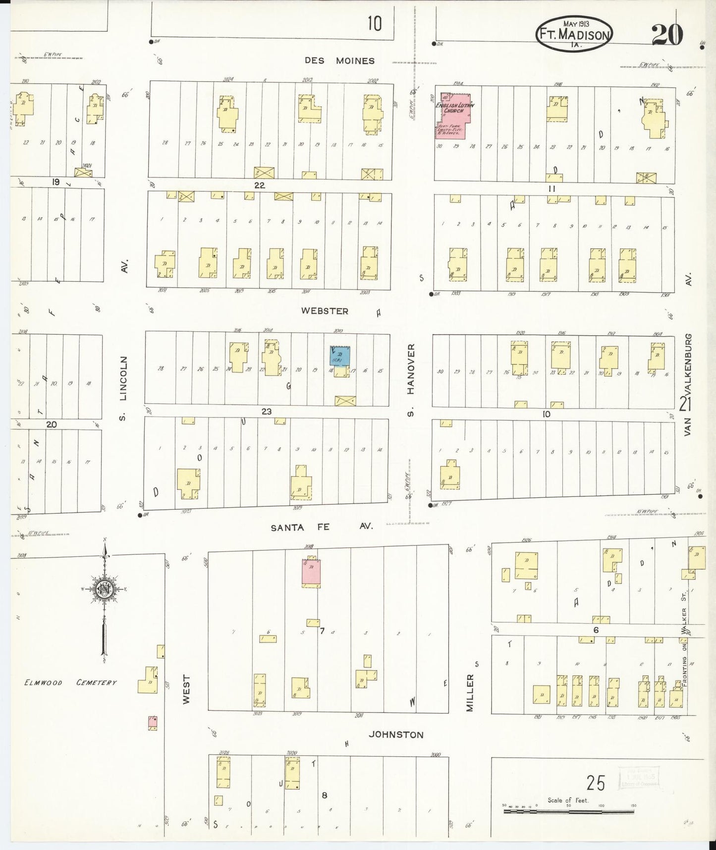 Sanborn Fire Insurance Map from Fort Madison, Lee County, Iowa (1913), Sheet #0020 - Historic Sanborn Fire Insurance Map Print, vintage old map wall art