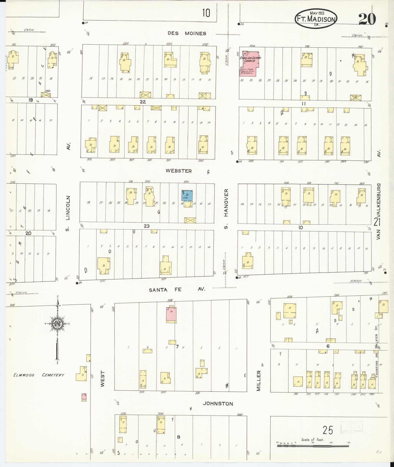 Sanborn Fire Insurance Map from Fort Madison, Lee County, Iowa (1913), Sheet #0020 - Historic Sanborn Fire Insurance Map Print, vintage old map wall art