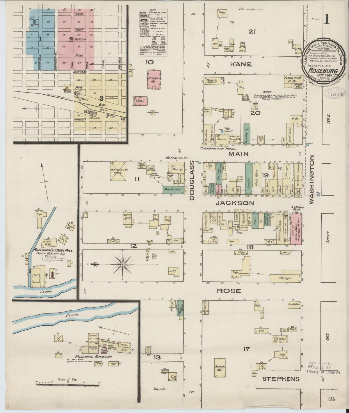 Sanborn Fire Insurance Map from Roseburg, Douglas County, Oregon (1885), Sheet #0001 - Historic Sanborn Fire Insurance Map Print, vintage old map wall art, antique decor, genealogy gift, Oregon Oregon map