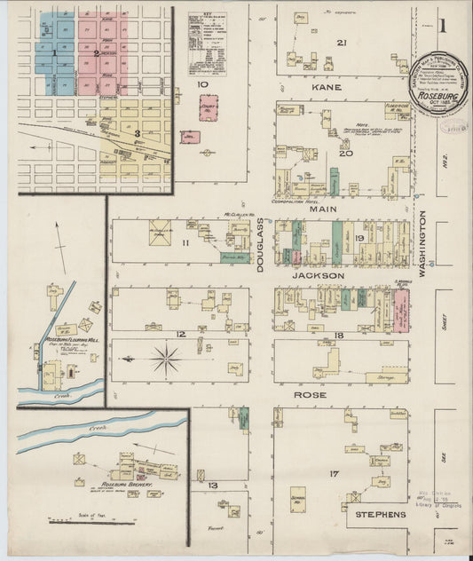 Sanborn Fire Insurance Map from Roseburg, Douglas County, Oregon (1885), Sheet #0001 - Historic Sanborn Fire Insurance Map Print, vintage old map wall art, antique decor, genealogy gift, Oregon Oregon map