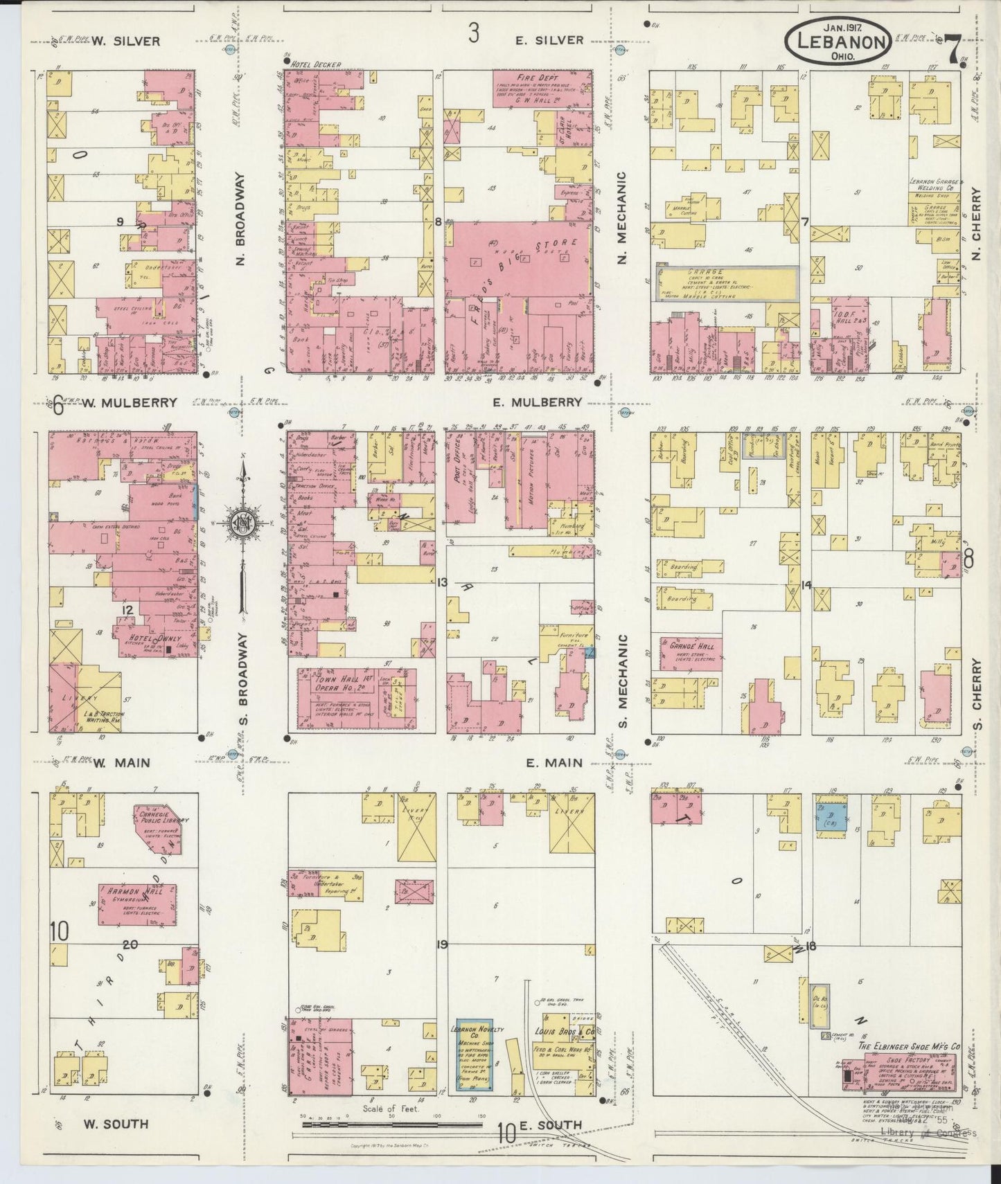 Sanborn Fire Insurance Map from Lebanon, Warren County, Ohio (1917), Sheet #0007 - Historic Sanborn Fire Insurance Map Print, vintage old map wall art, antique decor, genealogy gift, Ohio Ohio map