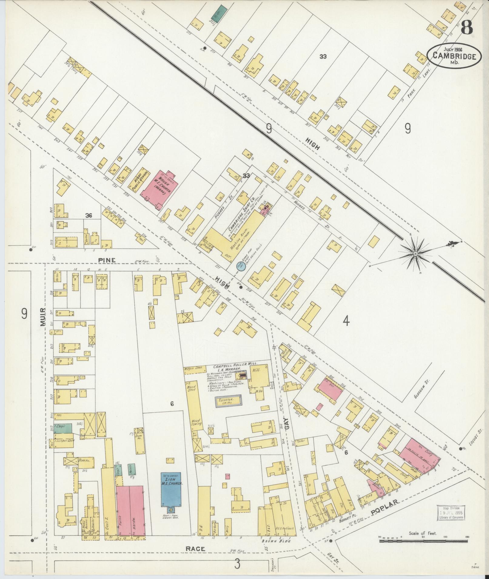 Sanborn Fire Insurance Map from Cambridge, Dorchester County, Maryland (1906), Sheet #0008 - Historic Sanborn Fire Insurance Map Print, vintage old map wall art, antique decor, genealogy gift, Maryland Maryland map