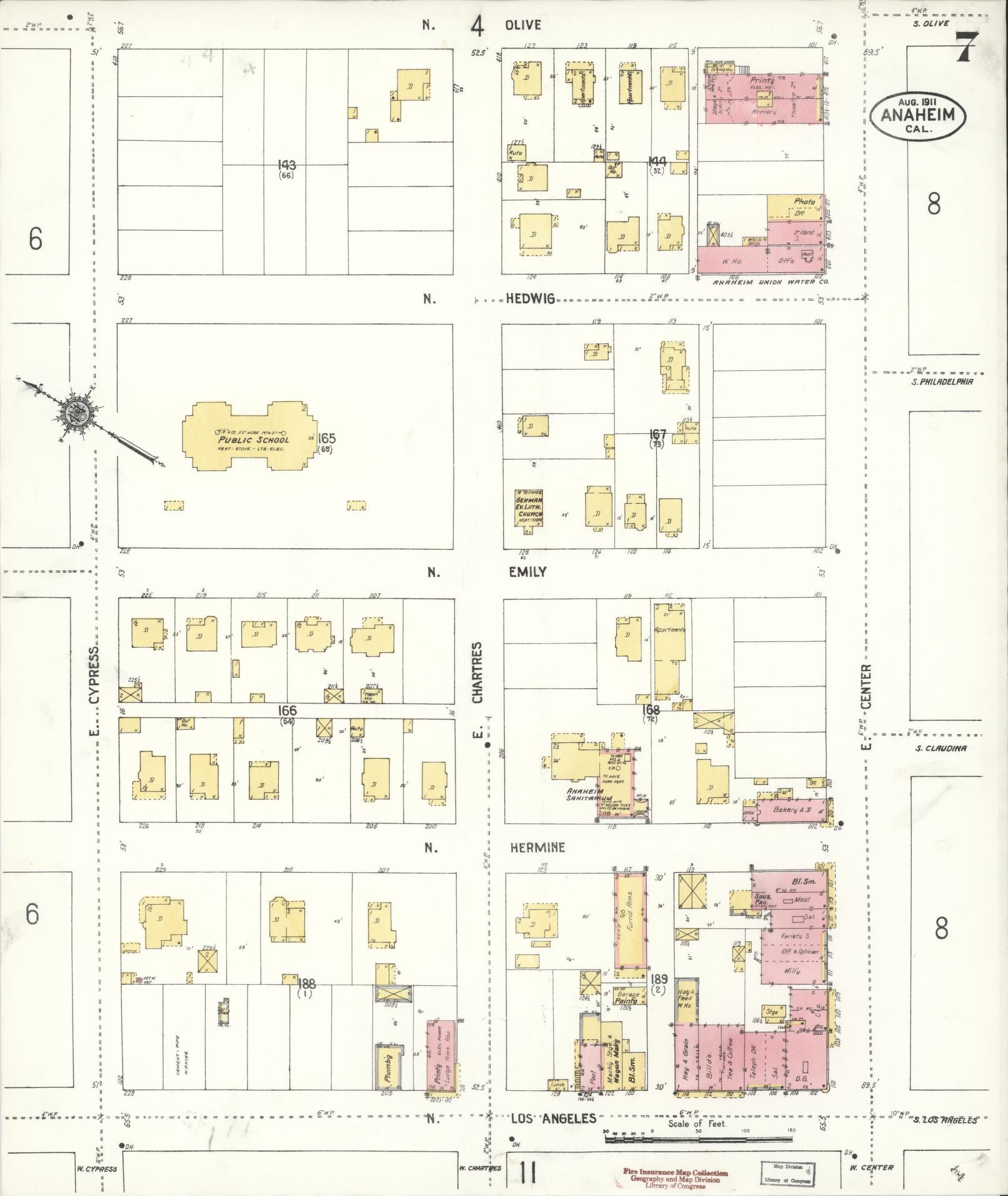 Sanborn Fire Insurance Map from Anaheim, Orange County, California (1911), Sheet #0007 - Historic Sanborn Fire Insurance Map Print, vintage old map wall art, antique decor, genealogy gift, California California map