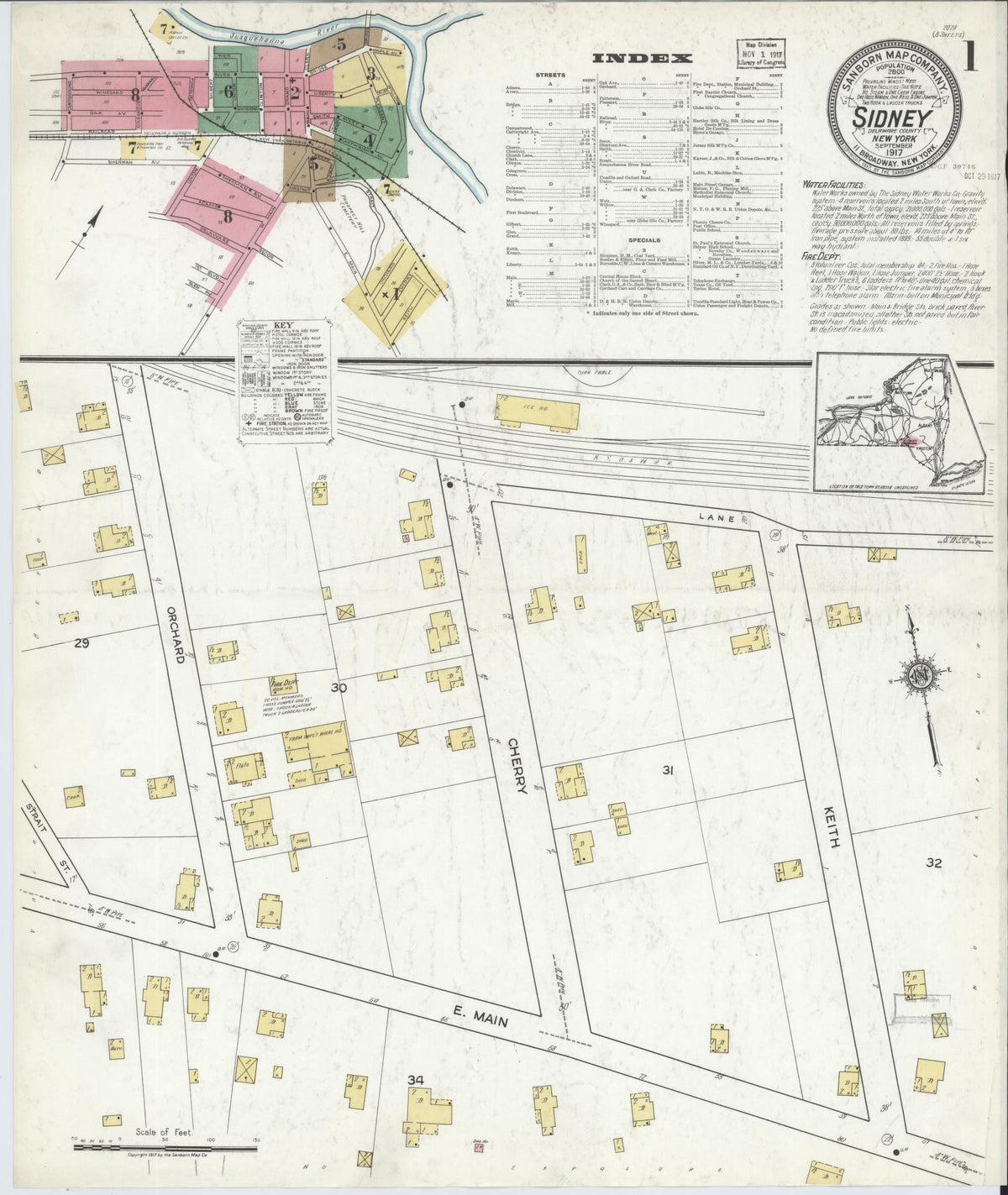 Sanborn Fire Insurance Map from Sidney, Delaware County, New York (1917), Sheet #0001 - Historic Sanborn Fire Insurance Map Print, vintage old map wall art, antique decor, genealogy gift, Sidney Delaware map