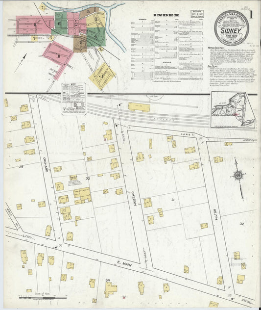 Sanborn Fire Insurance Map from Sidney, Delaware County, New York (1917), Sheet #0001 - Historic Sanborn Fire Insurance Map Print, vintage old map wall art, antique decor, genealogy gift, Sidney Delaware map