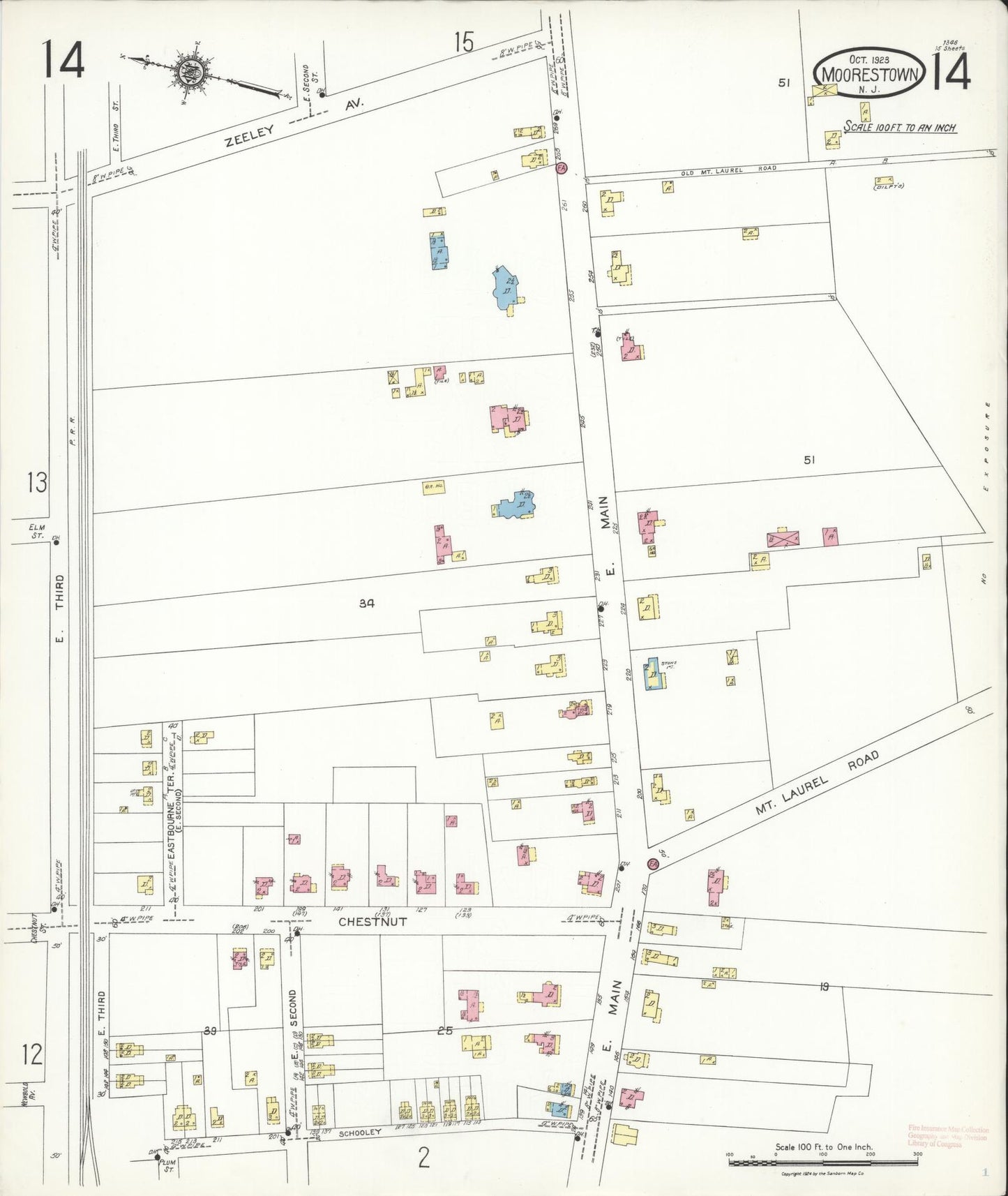 Sanborn Fire Insurance Map from Moorestown, Burlington County, New Jersey (1923), Sheet #0014 - Historic Sanborn Fire Insurance Map Print, vintage old map wall art, antique decor, genealogy gift, New Jersey New Jersey map