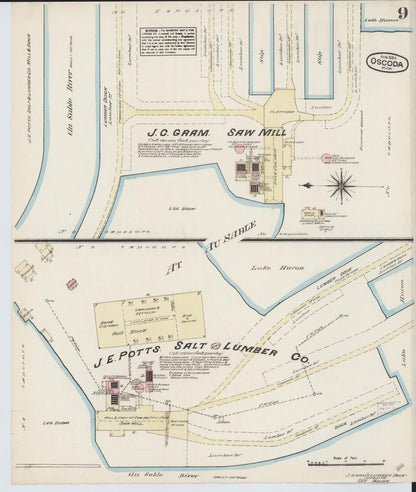Sanborn Fire Insurance Map from Oscoda, Iosco County, Michigan (1884), Sheet #0009 - Historic Sanborn Fire Insurance Map Print, vintage old map wall art, antique decor, genealogy gift, Michigan Michigan map