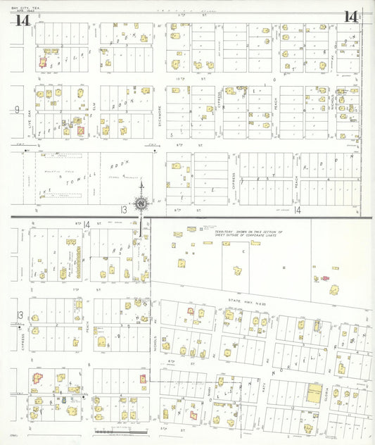 Sanborn Fire Insurance Map from Bay City, Matagorda County, Texas (1942), Sheet #0014 - Historic Sanborn Fire Insurance Map Print, vintage old map wall art, antique decor, genealogy gift, Texas Texas map