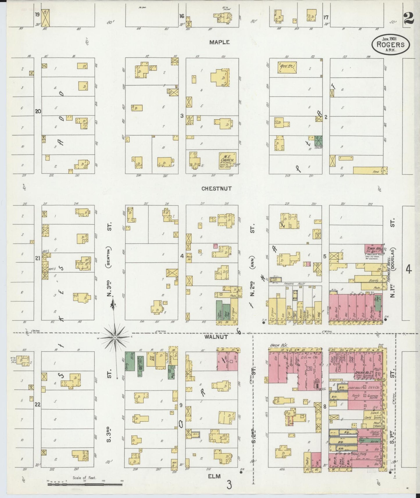 Sanborn Fire Insurance Map from Rogers, Benton County, Arkansas (1901), Sheet #0002 - Complete Map Set gallery image, historic Sanborn map, vintage wall art, Arkansas Arkansas