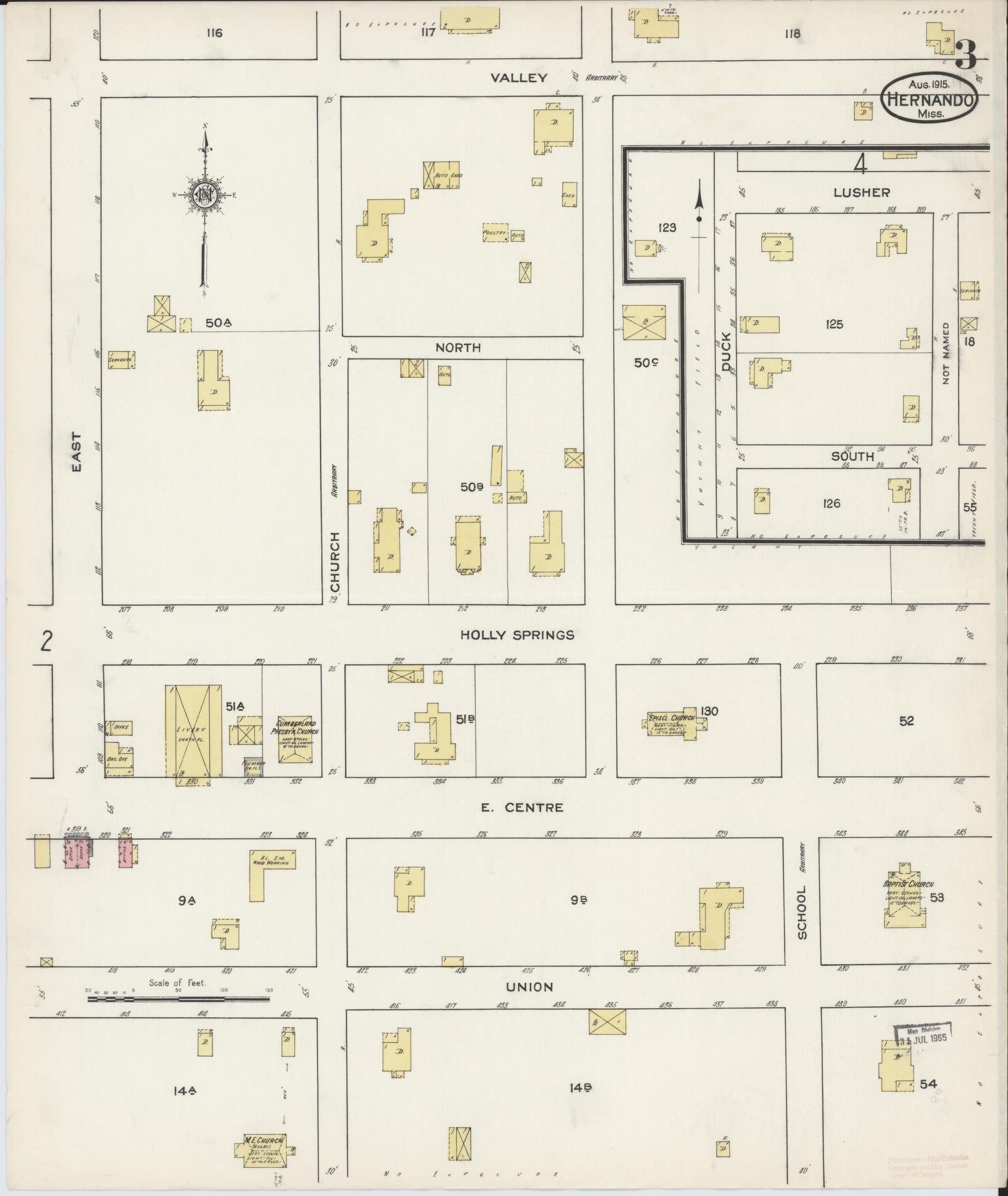 Sanborn Fire Insurance Map from Hernando, De Soto County, Mississippi (1915), Sheet #0003 - Complete Map Set gallery image, historic Sanborn map, vintage wall art, Mississippi Mississippi