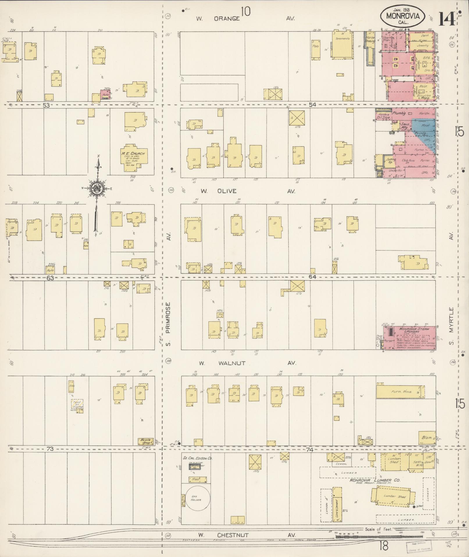 Sanborn Fire Insurance Map from Monrovia, Los Angeles County, California (1913), Sheet #0014 - Complete Map Set gallery image, historic Sanborn map, vintage wall art, California California