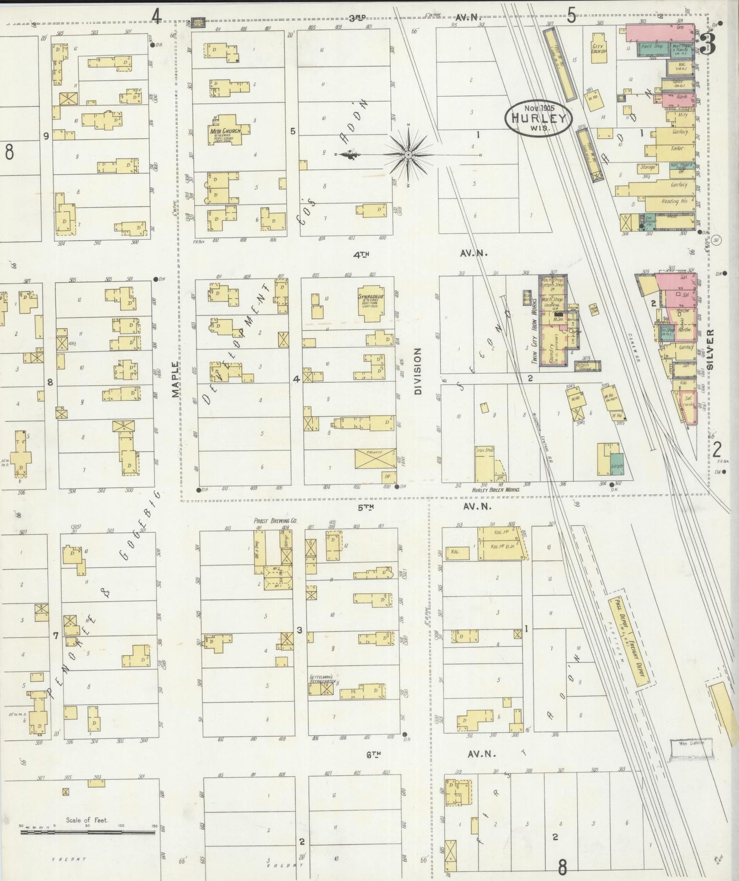 Sanborn Fire Insurance Map from Hurley, Iron County, Wisconsin (1905), Sheet #0003 - Complete Map Set gallery image, historic Sanborn map, vintage wall art, Wisconsin Wisconsin