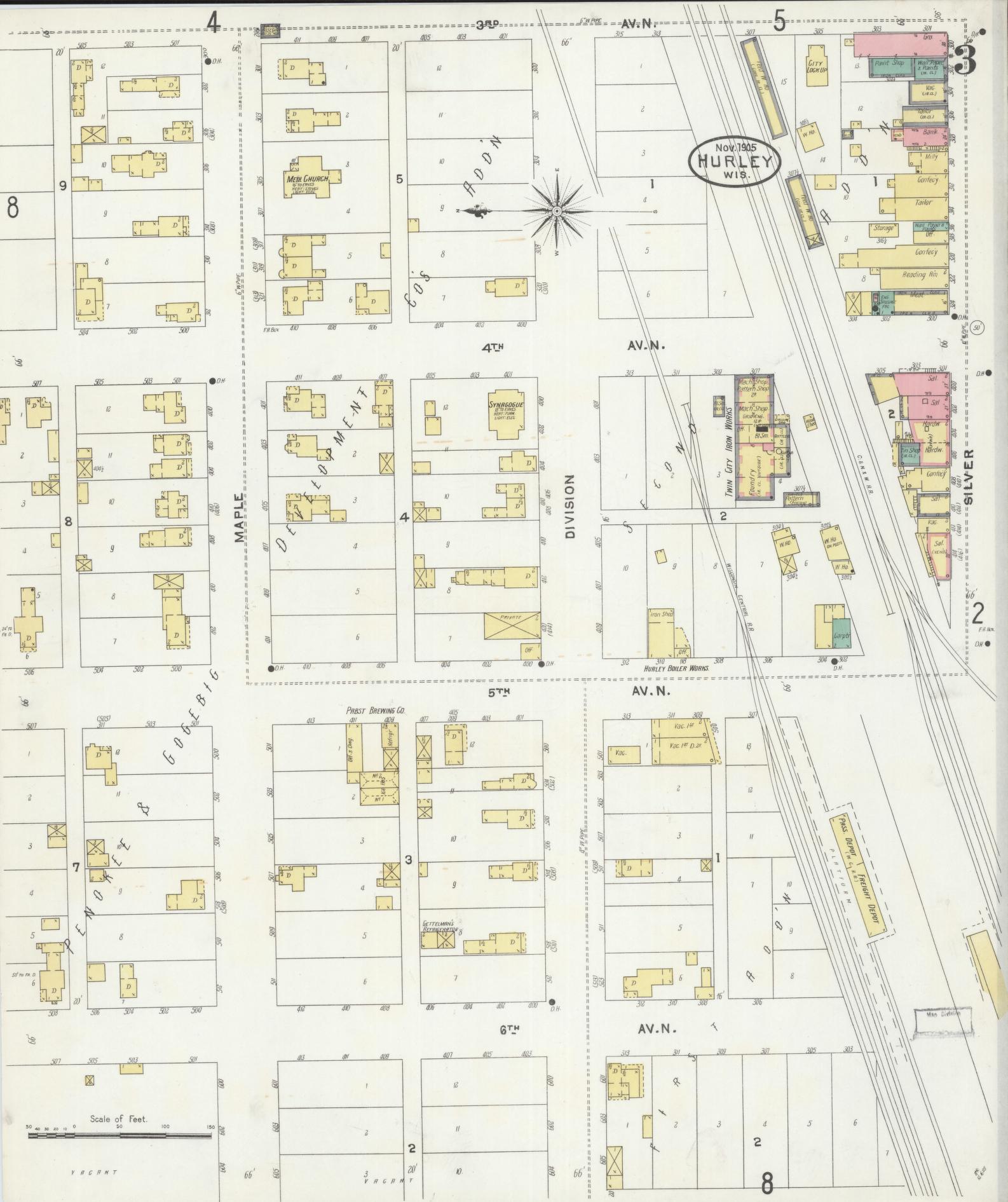 Sanborn Fire Insurance Map from Hurley, Iron County, Wisconsin (1905), Sheet #0003 - Complete Map Set gallery image, historic Sanborn map, vintage wall art, Wisconsin Wisconsin