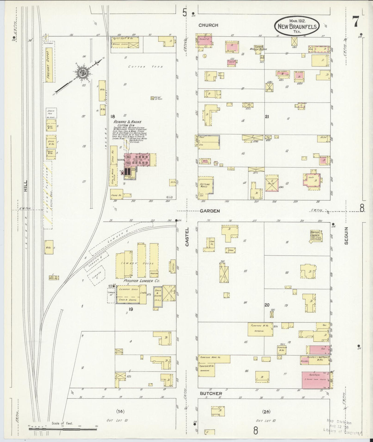 Sanborn Fire Insurance Map from New Braunfels, Comal County, Texas (1912), Sheet #0007 - Historic Sanborn Fire Insurance Map Print, vintage old map wall art, antique decor, genealogy gift, Texas Texas map