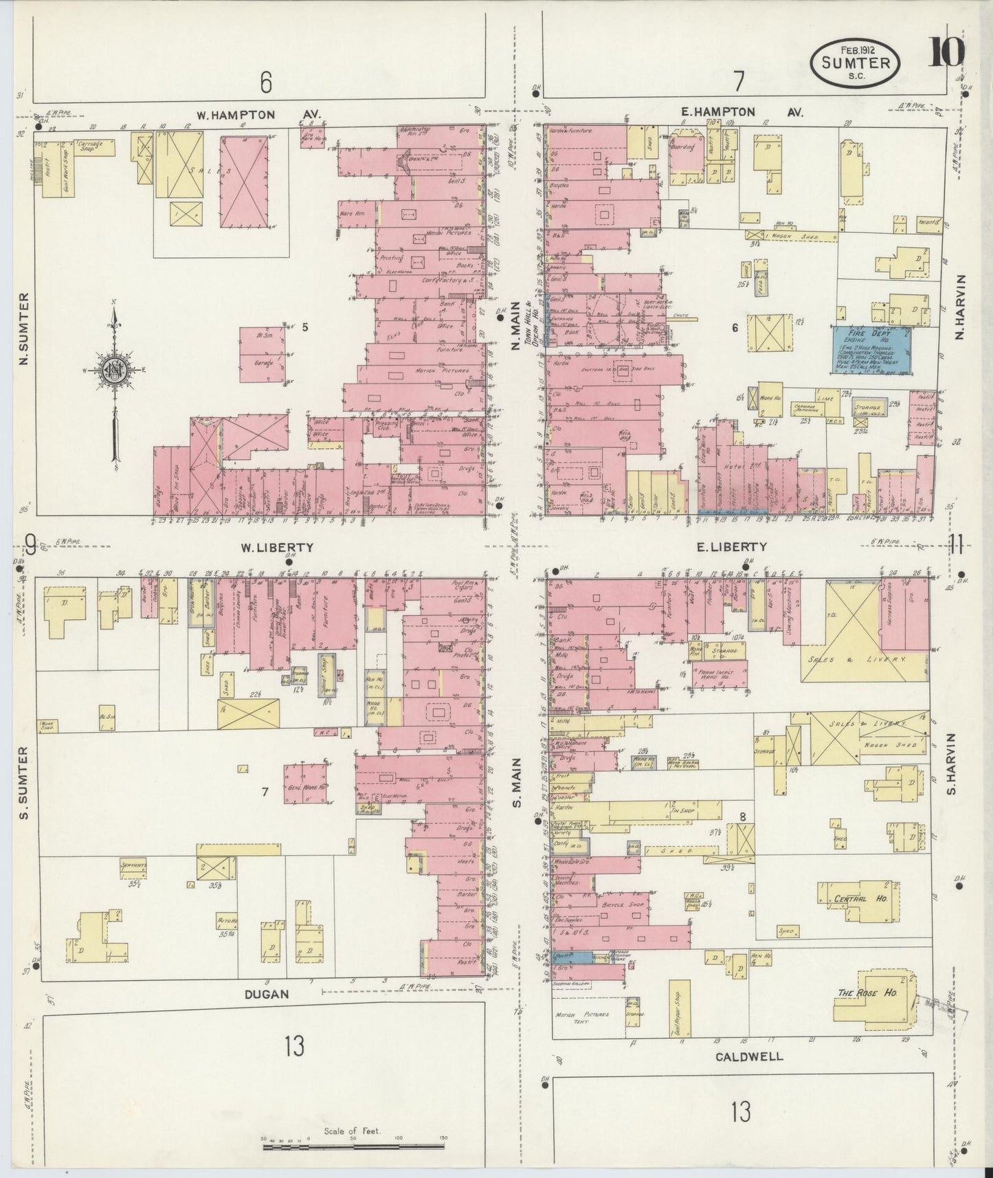 Sanborn Fire Insurance Map from Sumter, Sumter County, South Carolina (1912), Sheet #0010 - Historic Sanborn Fire Insurance Map Print, vintage old map wall art, antique decor, genealogy gift, South Carolina South Carolina map