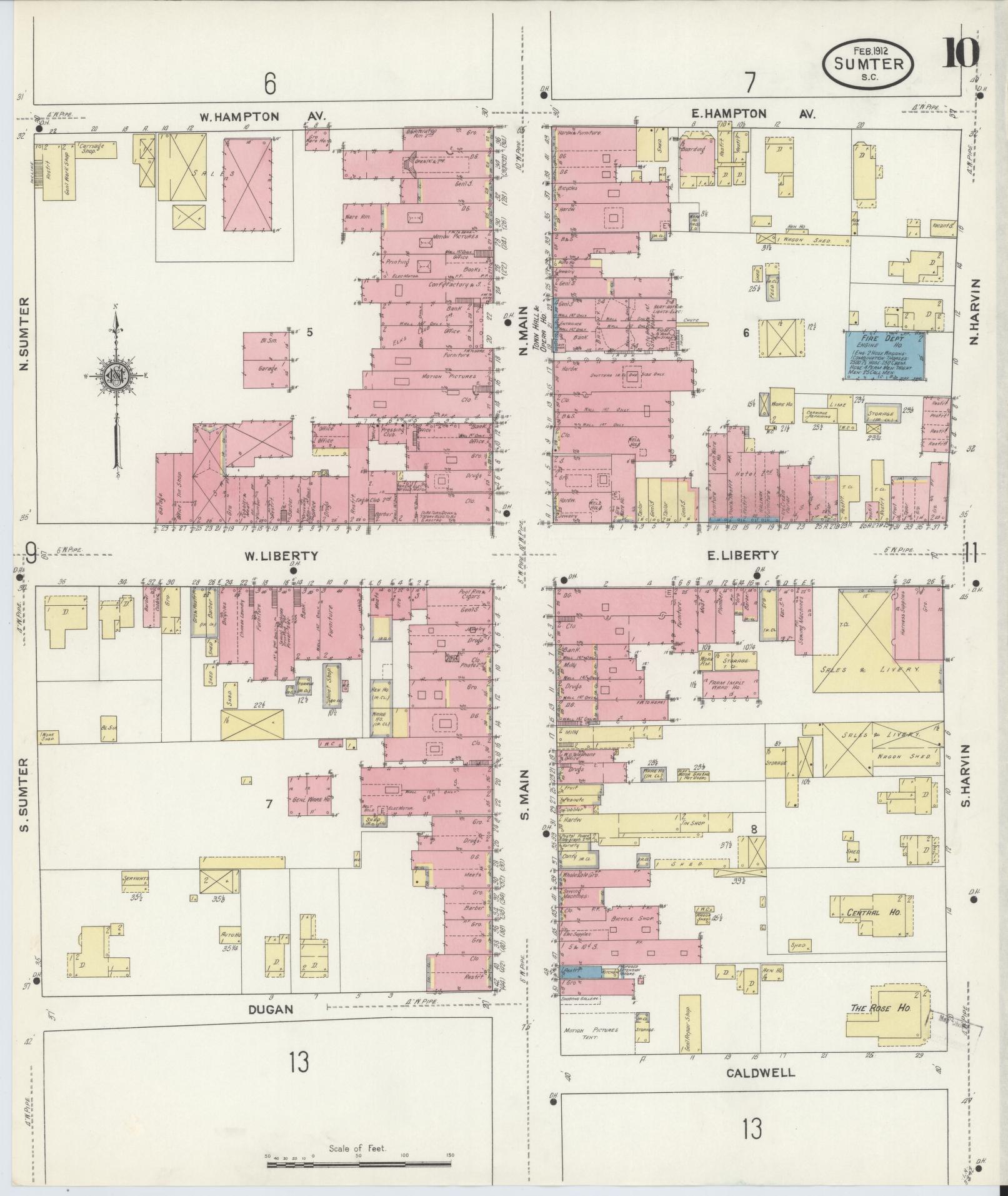 Sanborn Fire Insurance Map from Sumter, Sumter County, South Carolina (1912), Sheet #0010 - Historic Sanborn Fire Insurance Map Print, vintage old map wall art, antique decor, genealogy gift, South Carolina South Carolina map