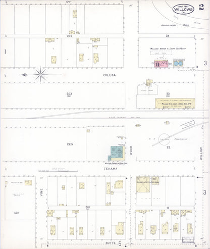 Sanborn Fire Insurance Map from Willows, Glenn County, California (1897), Sheet #0002 - Complete Map Set gallery image, historic Sanborn map, vintage wall art, California California