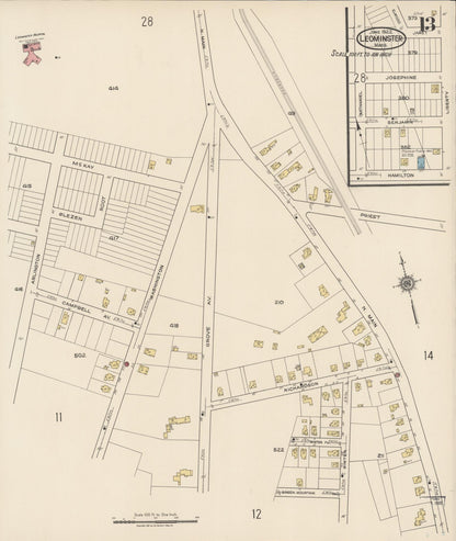 Sanborn Fire Insurance Map from Leominster, Worcester County, Massachusetts (1922), Sheet #0013 - Historic Sanborn Fire Insurance Map Print, vintage old map wall art, antique decor, genealogy gift, Massachusetts Massachusetts map