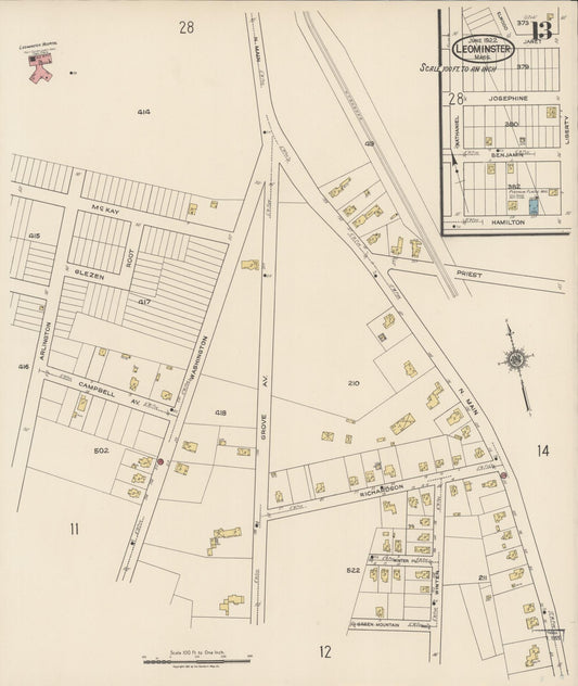 Sanborn Fire Insurance Map from Leominster, Worcester County, Massachusetts (1922), Sheet #0013 - Historic Sanborn Fire Insurance Map Print, vintage old map wall art, antique decor, genealogy gift, Massachusetts Massachusetts map