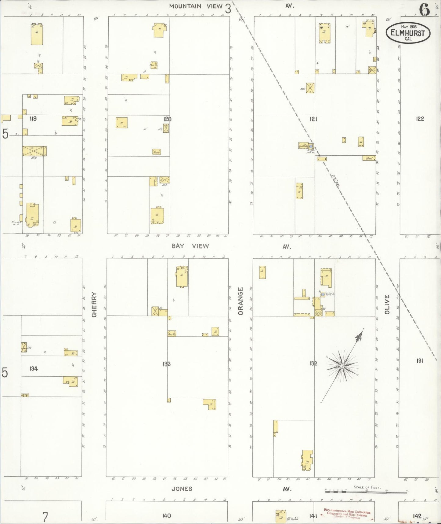 Sanborn Fire Insurance Map from Elmhurst, Alameda County, California (1905), Sheet #0006 - Historic Sanborn Fire Insurance Map Print, vintage old map wall art, antique decor, genealogy gift, California California map
