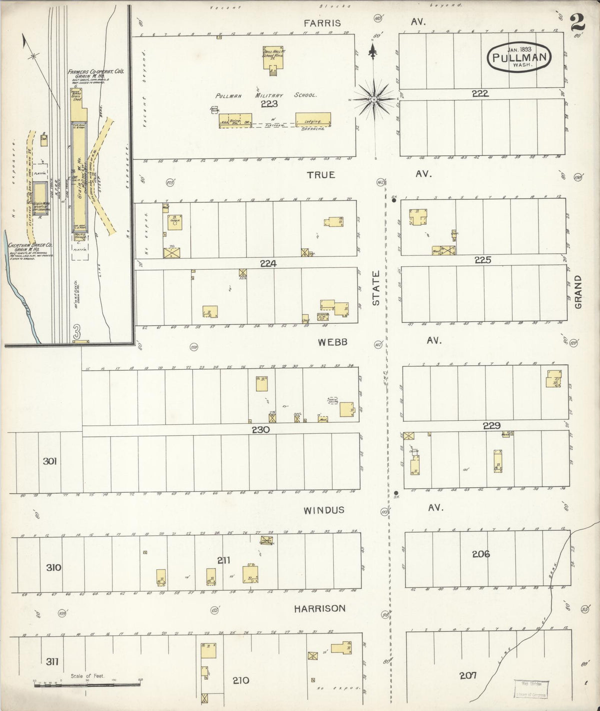Sanborn Fire Insurance Map from Pullman, Whitman County, Washington (1893), Sheet #0002 - Historic Sanborn Fire Insurance Map Print, vintage old map wall art, antique decor, genealogy gift, Washington Washington map