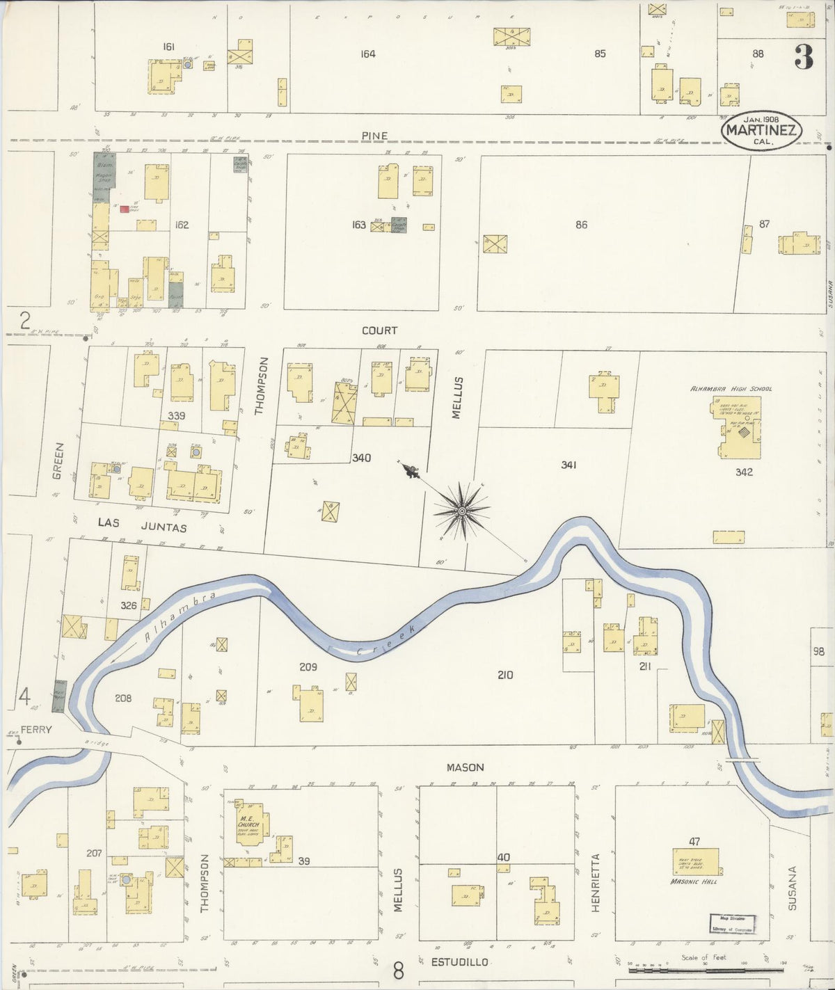 Sanborn Fire Insurance Map from Martinez, Contra Costa County, California (1908), Sheet #0003 - Complete Map Set gallery image, historic Sanborn map, vintage wall art, California California