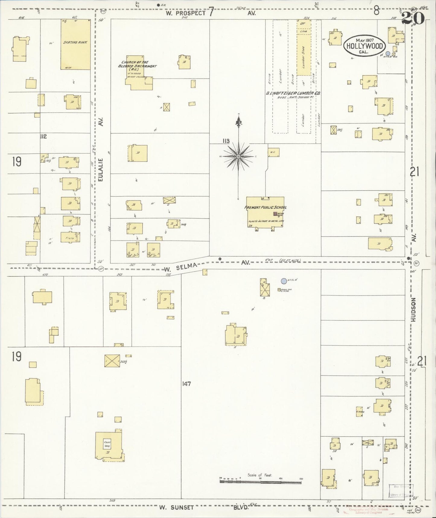 Sanborn Fire Insurance Map from Hollywood, Los Angeles County, California (1907), Sheet #0020 - Historic Sanborn Fire Insurance Map Print, vintage old map wall art, antique decor, genealogy gift, California California map