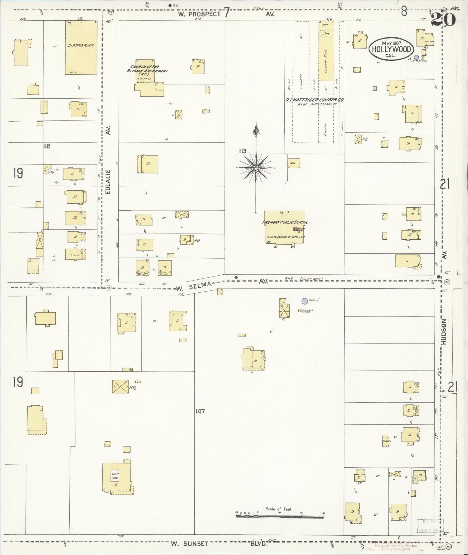 Sanborn Fire Insurance Map from Hollywood, Los Angeles County, California (1907), Sheet #0020 - Historic Sanborn Fire Insurance Map Print, vintage old map wall art, antique decor, genealogy gift, California California map
