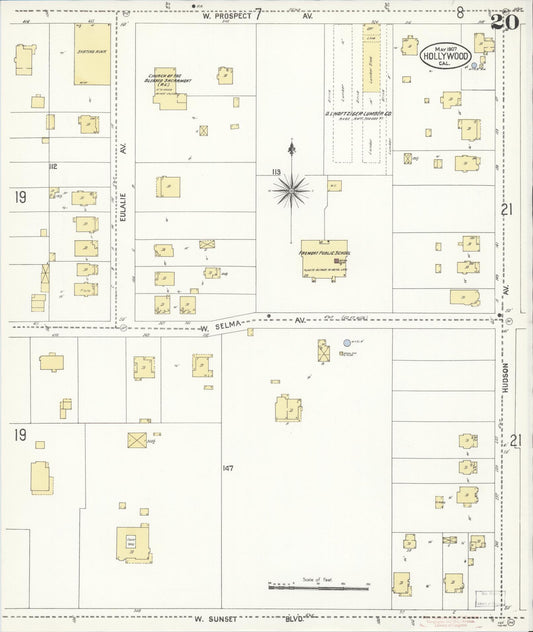Sanborn Fire Insurance Map from Hollywood, Los Angeles County, California (1907), Sheet #0020 - Historic Sanborn Fire Insurance Map Print, vintage old map wall art, antique decor, genealogy gift, California California map