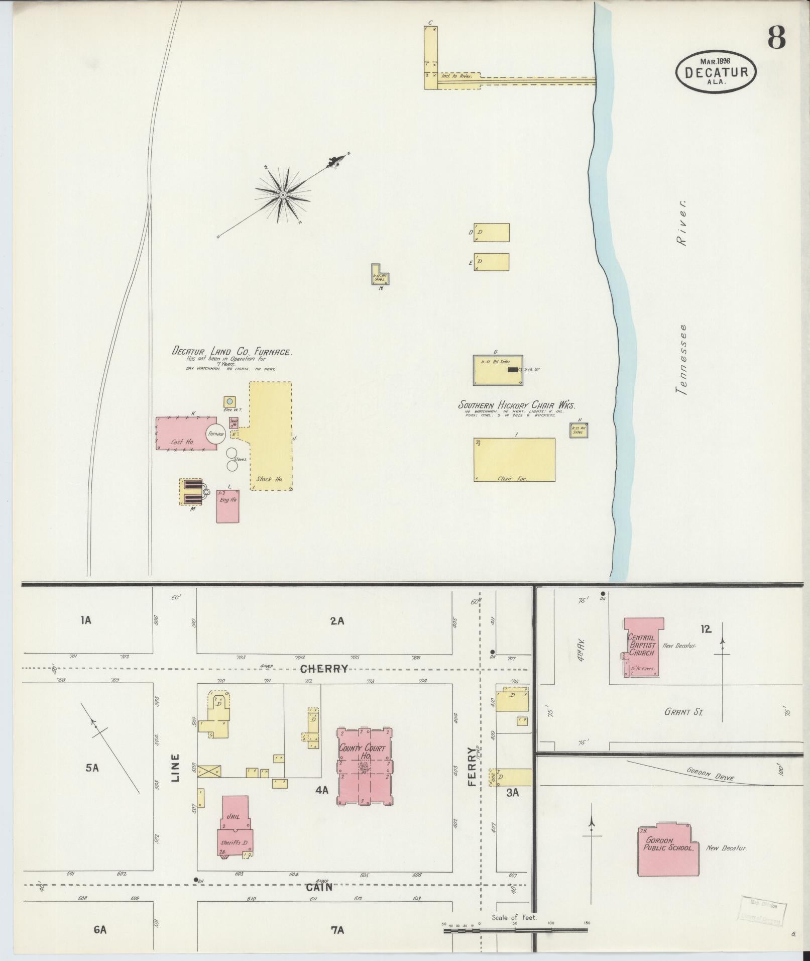Sanborn Fire Insurance Map from Decatur, Morgan County, Alabama (1898), Sheet #0008 - Historic Sanborn Fire Insurance Map Print, vintage old map wall art, antique decor, genealogy gift, Alabama Alabama map