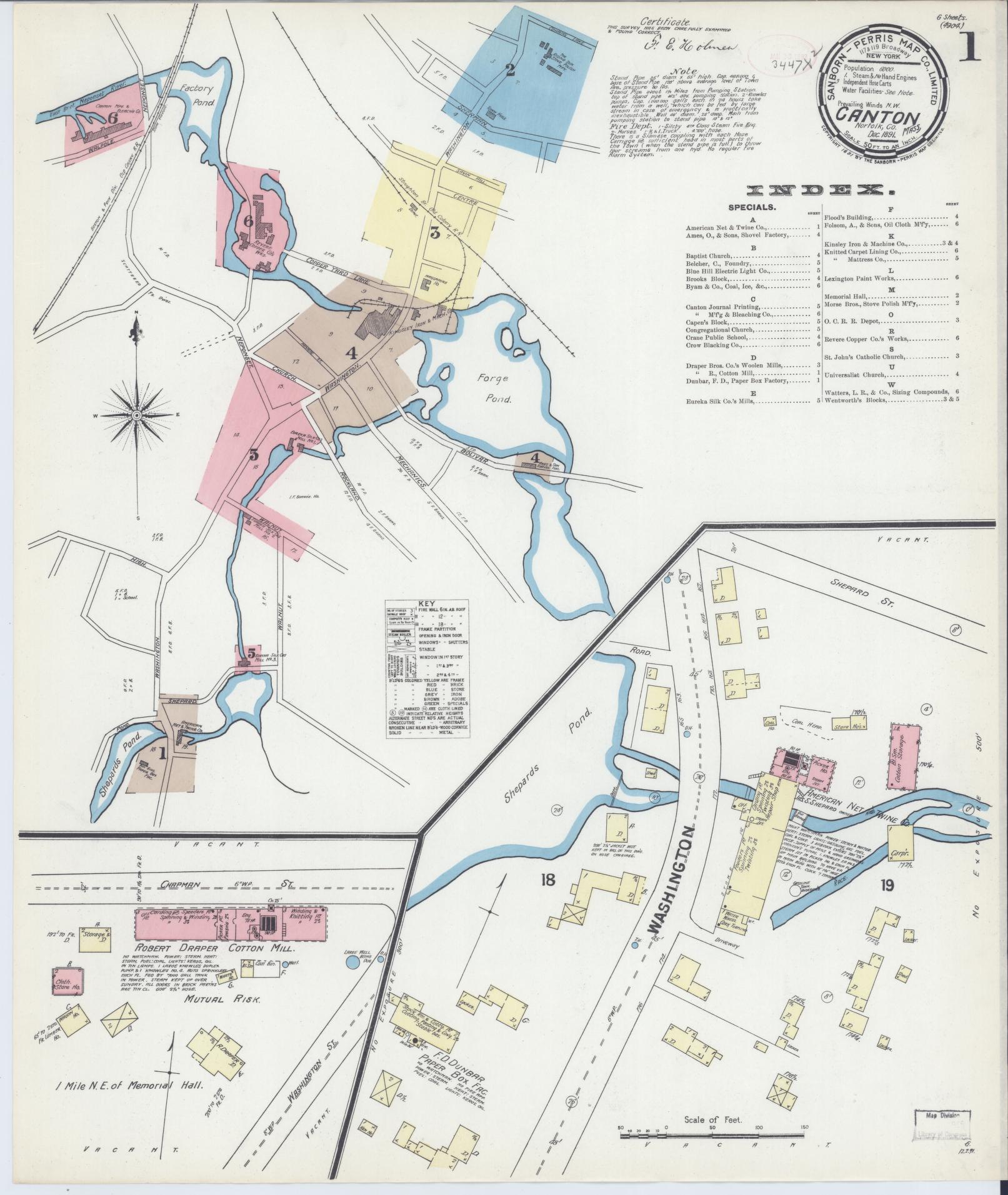 Sanborn Fire Insurance Map from Canton, Norfolk County, Massachusetts (1891), Sheet #0001 - Historic Sanborn Fire Insurance Map Print, vintage old map wall art, antique decor, genealogy gift, Massachusetts Massachusetts map