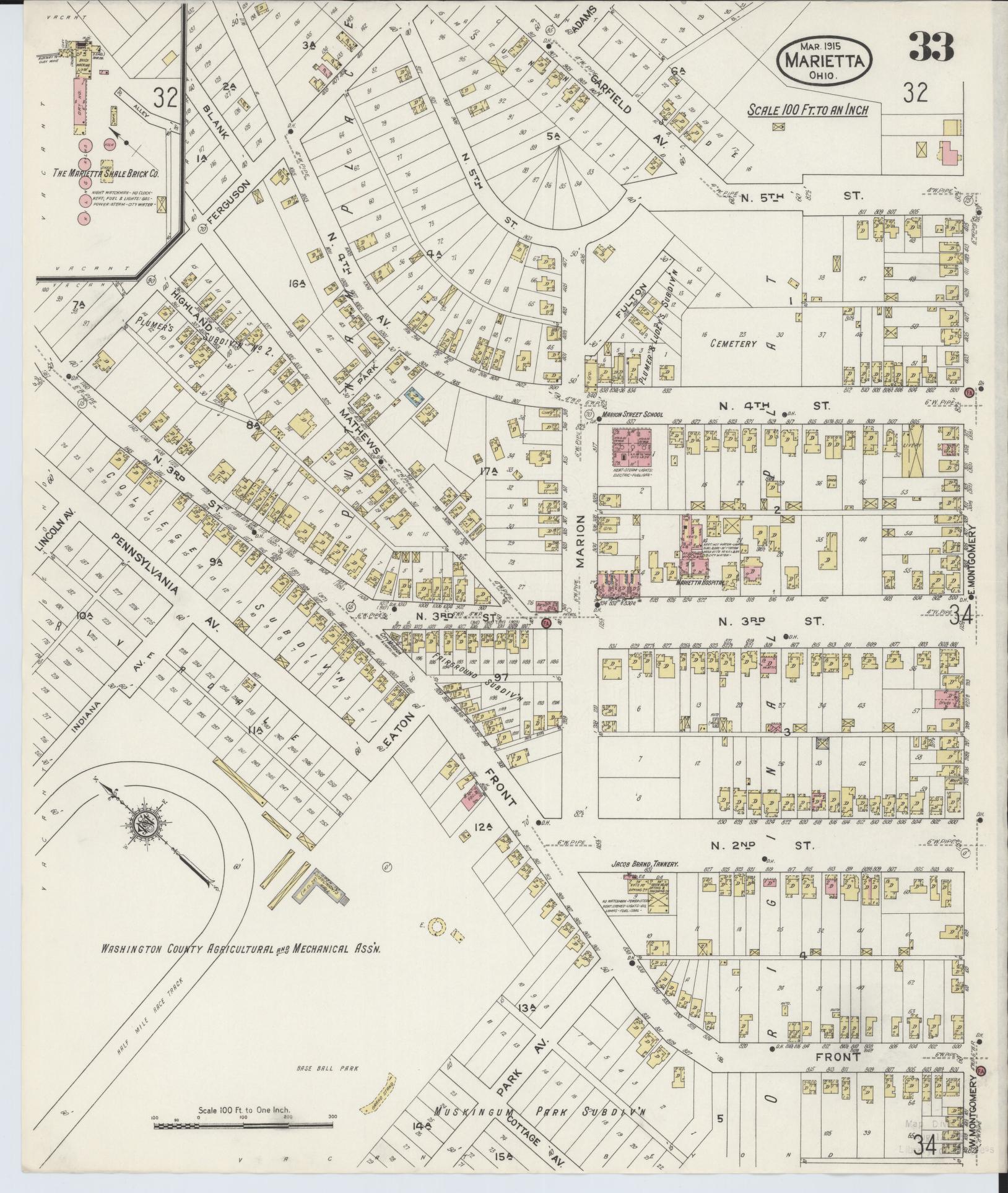 Sanborn Fire Insurance Map from Marietta, Washington County, Ohio (1915), Sheet #0033 - Historic Sanborn Fire Insurance Map Print, vintage old map wall art, antique decor, genealogy gift, Ohio Ohio map