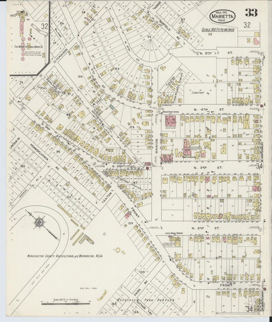 Sanborn Fire Insurance Map from Marietta, Washington County, Ohio (1915), Sheet #0033 - Historic Sanborn Fire Insurance Map Print, vintage old map wall art, antique decor, genealogy gift, Ohio Ohio map