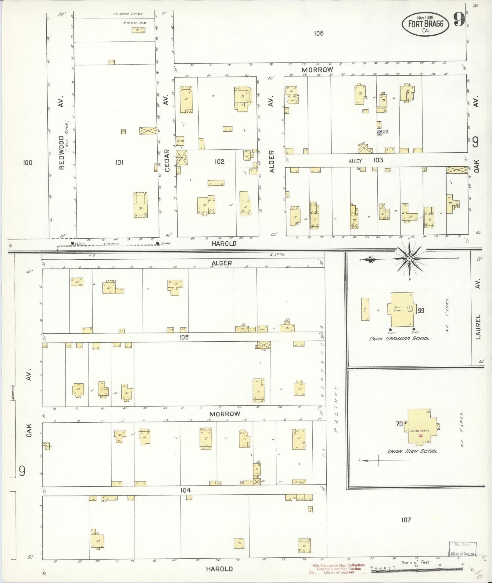 Sanborn Fire Insurance Map from Fort Bragg, Mendocino County, California (1909), Sheet #0009 - Historic Sanborn Fire Insurance Map Print, vintage old map wall art, antique decor, genealogy gift, California California map
