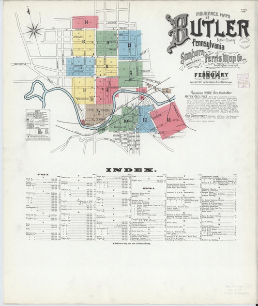 Sanborn Fire Insurance Map from Butler, Butler County, Pennsylvania (1901), Sheet #0001 - Historic Sanborn Fire Insurance Map Print, vintage old map wall art, antique decor, genealogy gift, Pennsylvania Pennsylvania map