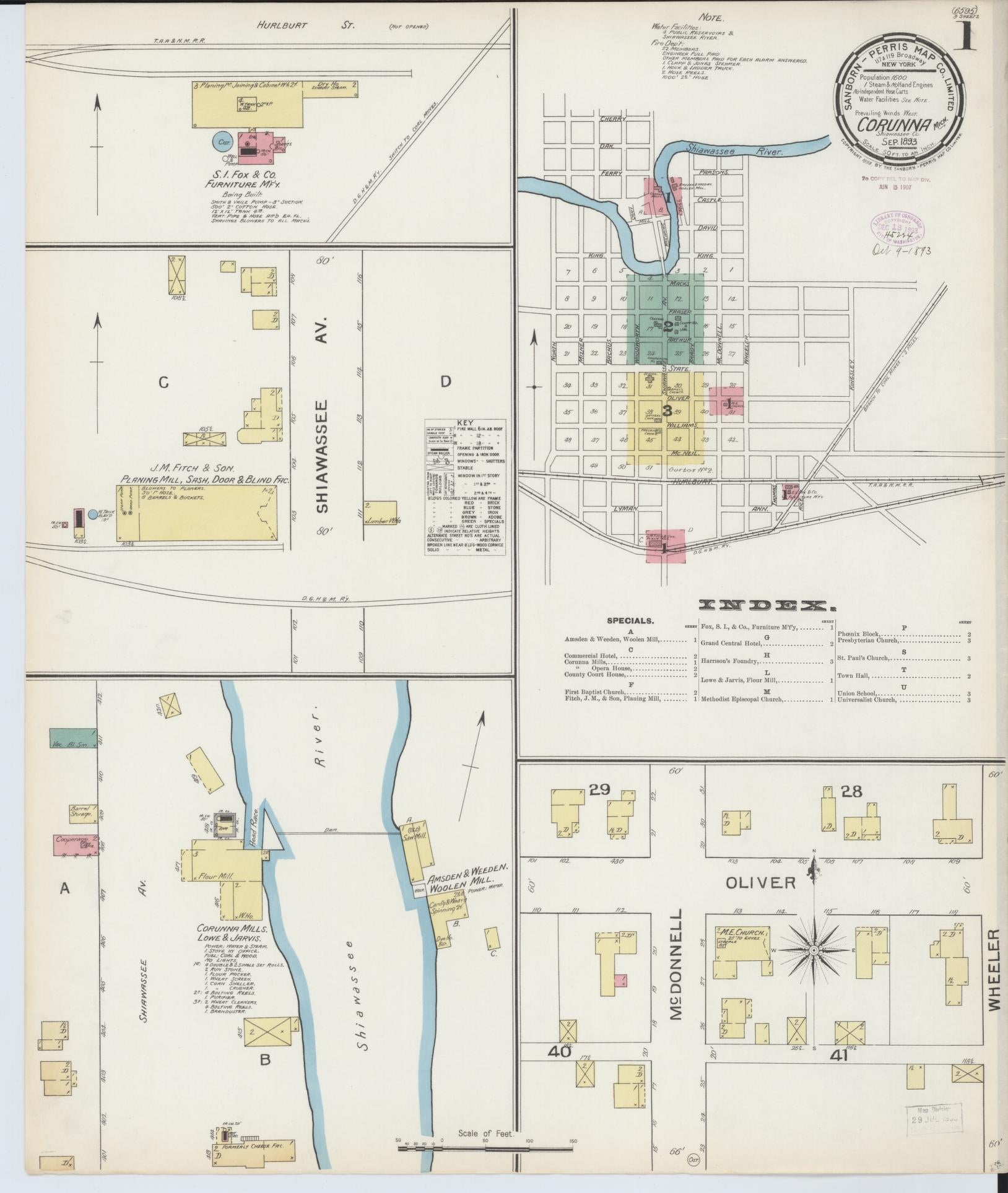 Sanborn Fire Insurance Map from Corunna, Shiawassee County, Michigan (1893), Sheet #0001 - Historic Sanborn Fire Insurance Map Print, vintage old map wall art, antique decor, genealogy gift, Michigan Michigan map