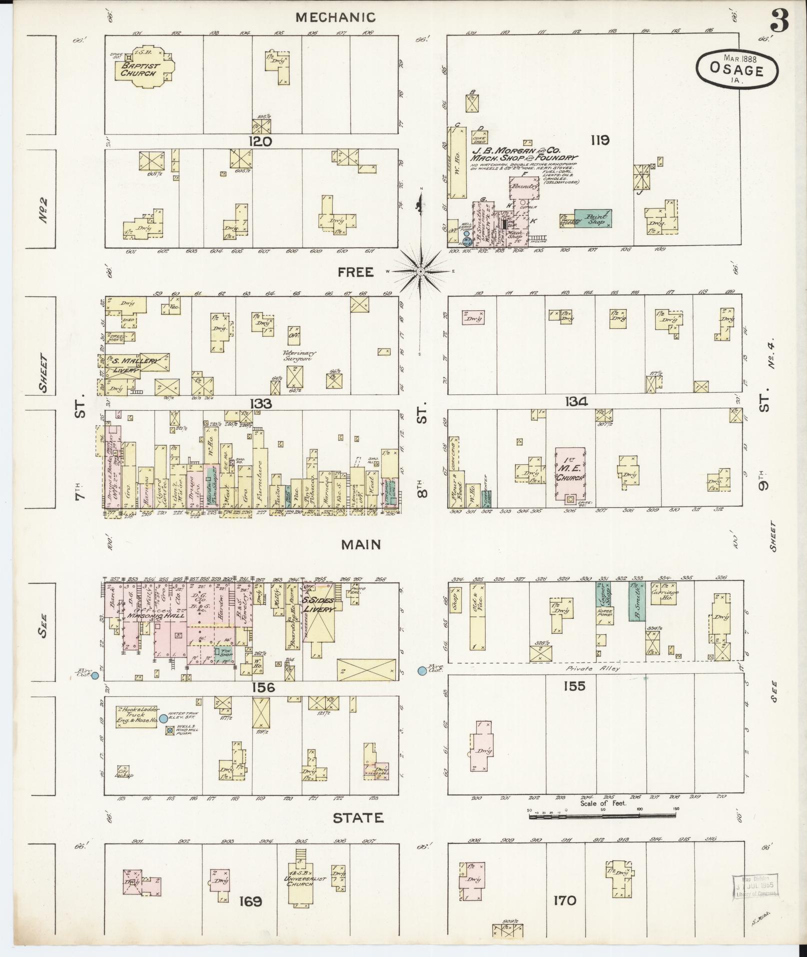 Sanborn Fire Insurance Map from Osage, Mitchell County, Iowa (1888), Sheet #0003 - Historic Sanborn Fire Insurance Map Print, vintage old map wall art