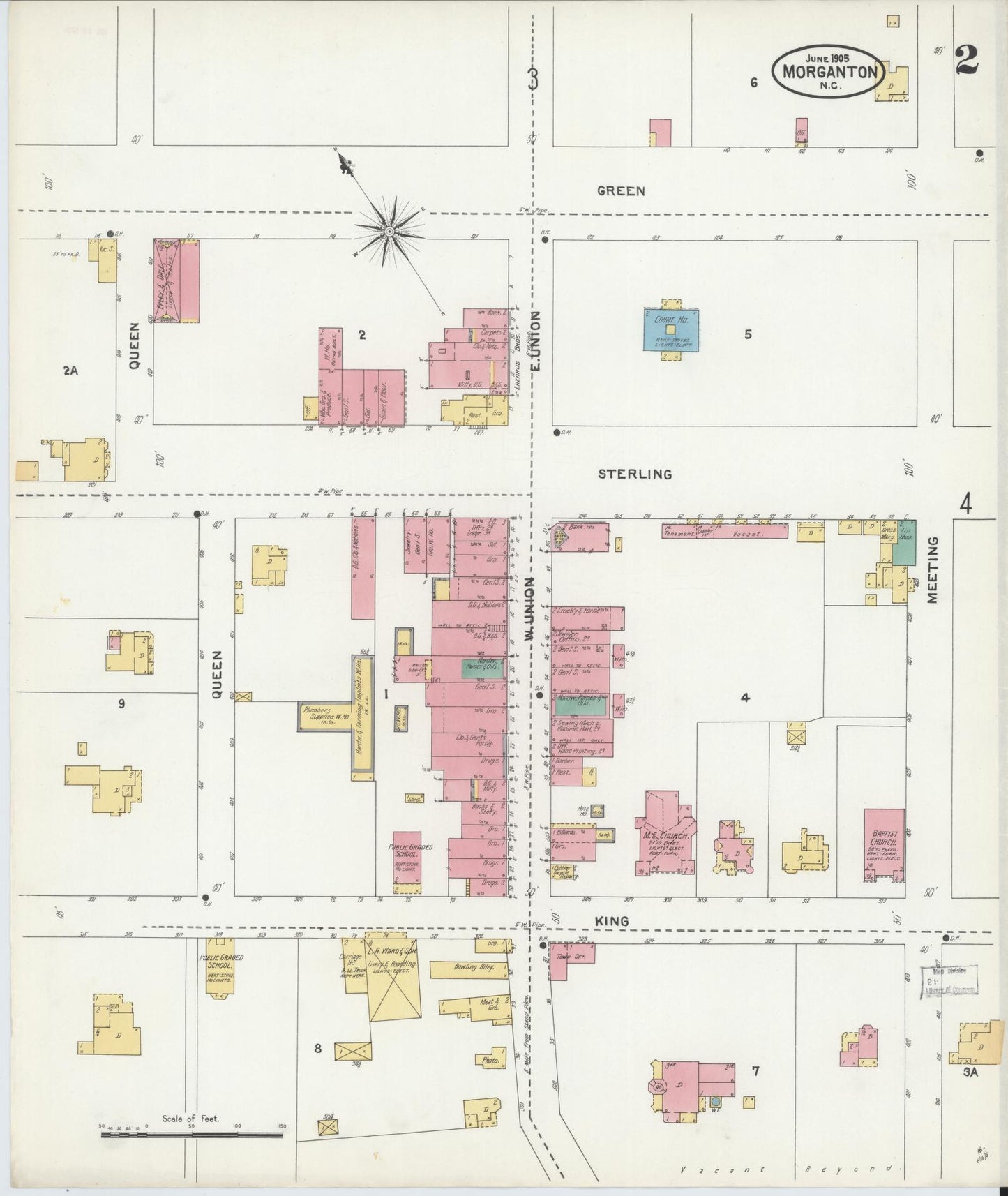 Sanborn Fire Insurance Map from Morganton, Burke County, North Carolina (1905), Sheet #0002 - Complete Map Set gallery image, historic Sanborn map, vintage wall art, North Carolina North Carolina