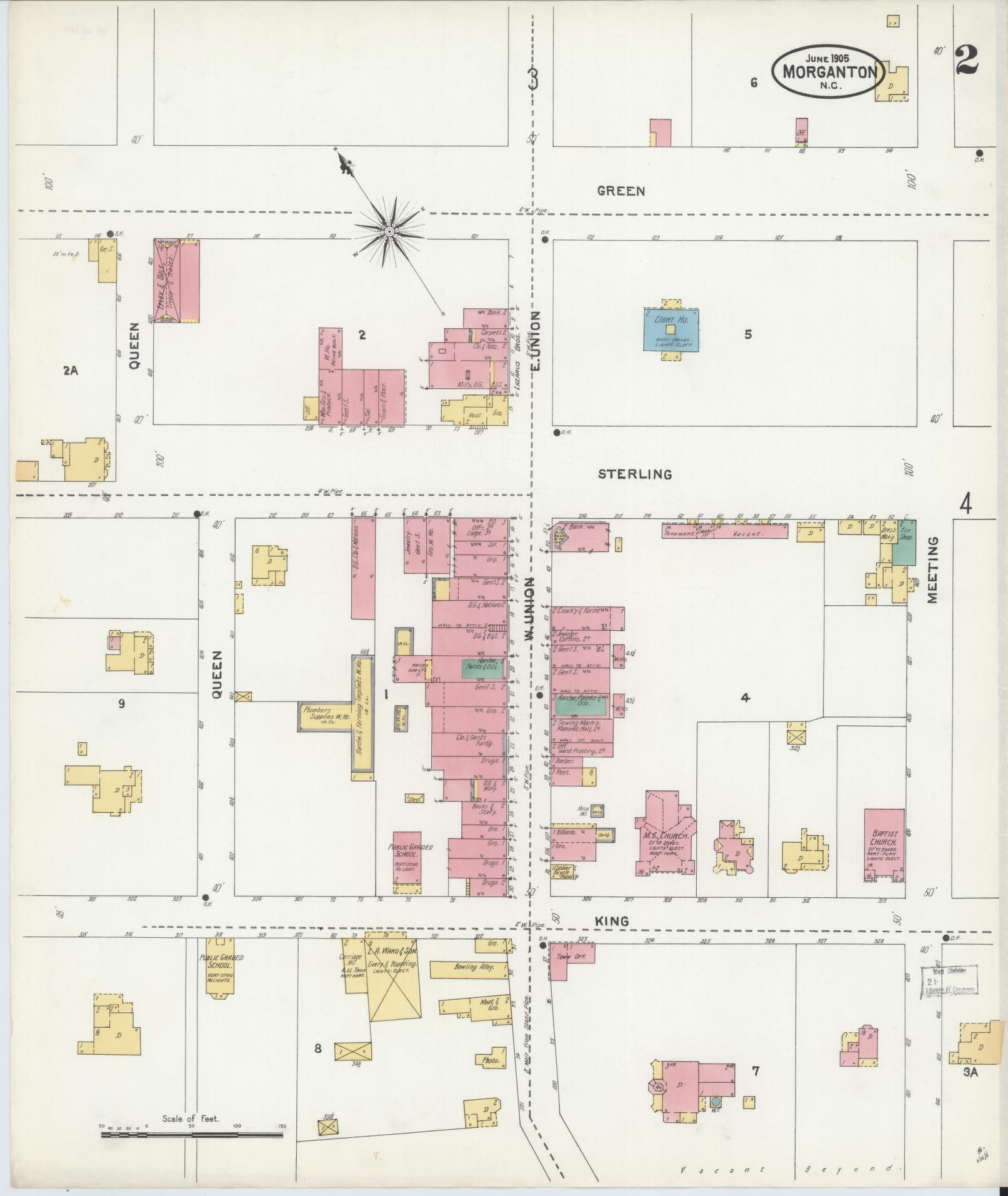 Sanborn Fire Insurance Map from Morganton, Burke County, North Carolina (1905), Sheet #0002 - Complete Map Set gallery image, historic Sanborn map, vintage wall art, North Carolina North Carolina