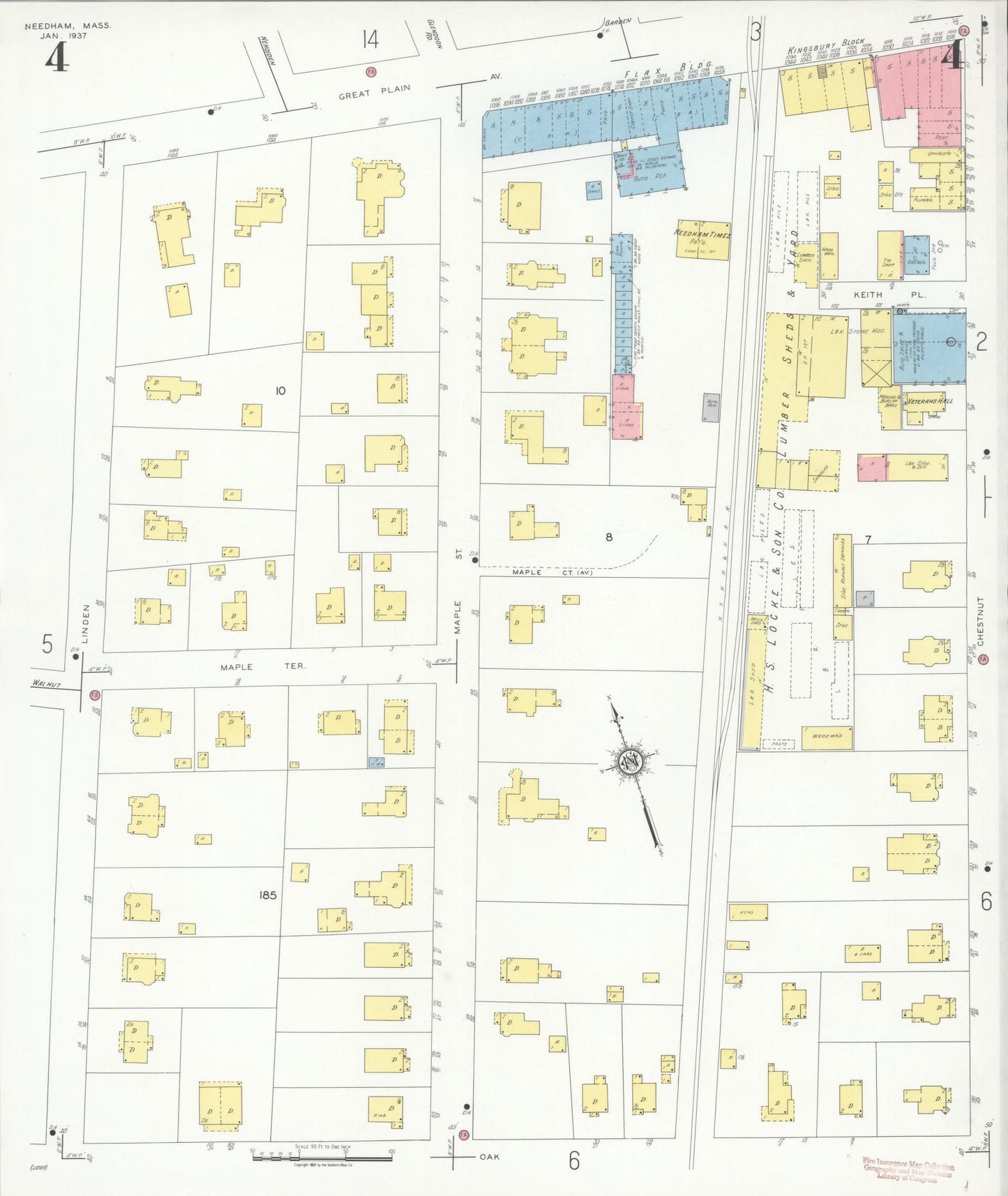 Sanborn Fire Insurance Map from Needham, Norfolk County, Massachusetts (1937), Sheet #0004 - Complete Map Set gallery image, historic Sanborn map, vintage wall art, Massachusetts Massachusetts