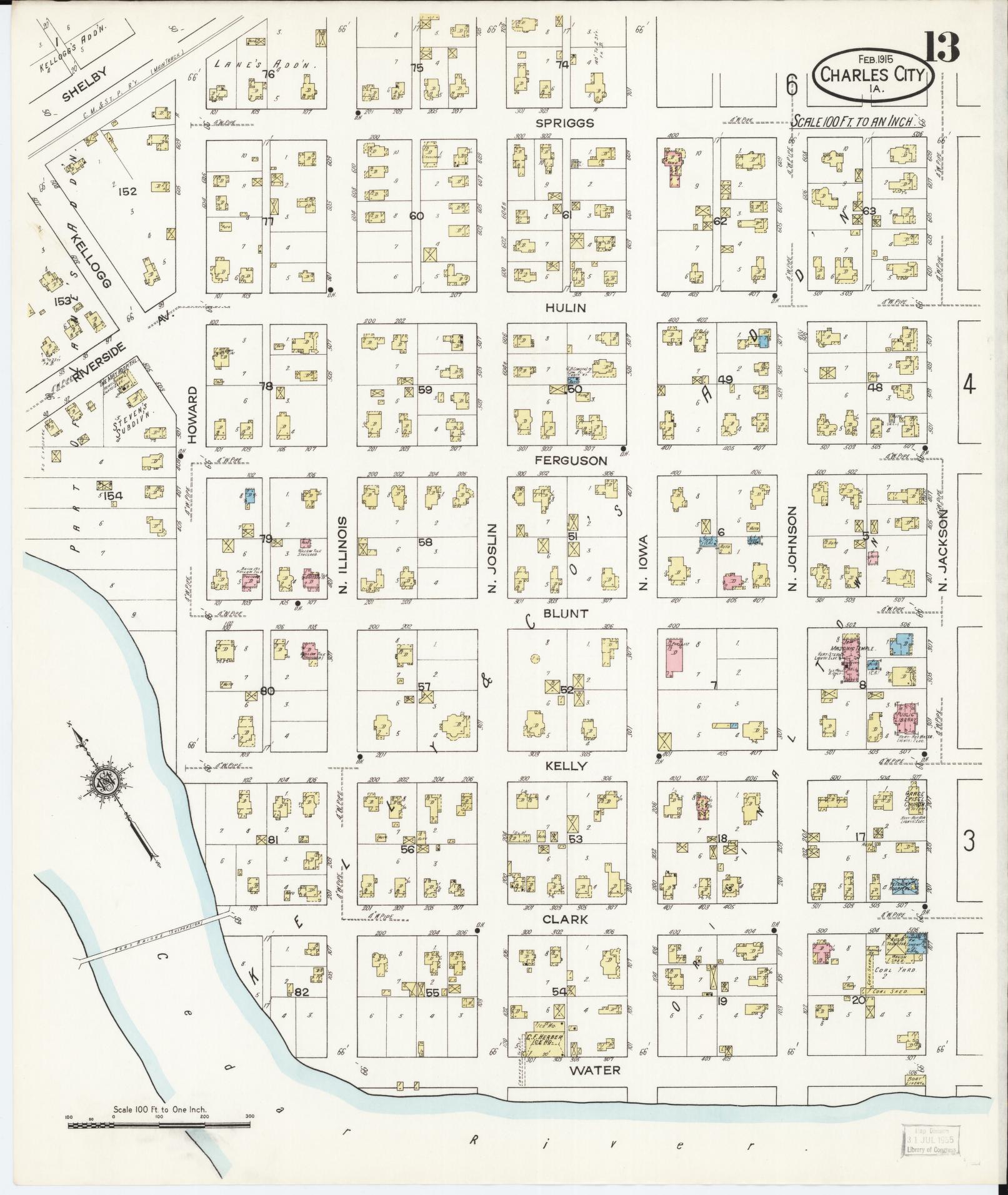 Sanborn Fire Insurance Map from Charles City, Floyd County, Iowa (1915), Sheet #0013 - Historic Sanborn Fire Insurance Map Print, vintage old map wall art