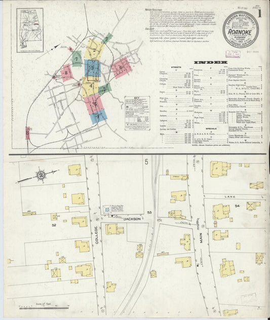 Sanborn Fire Insurance Map from Roanoke, Randolph County, Alabama (1913), Sheet #0001 - Complete Map Set gallery image, historic Sanborn map, vintage wall art, Alabama Alabama