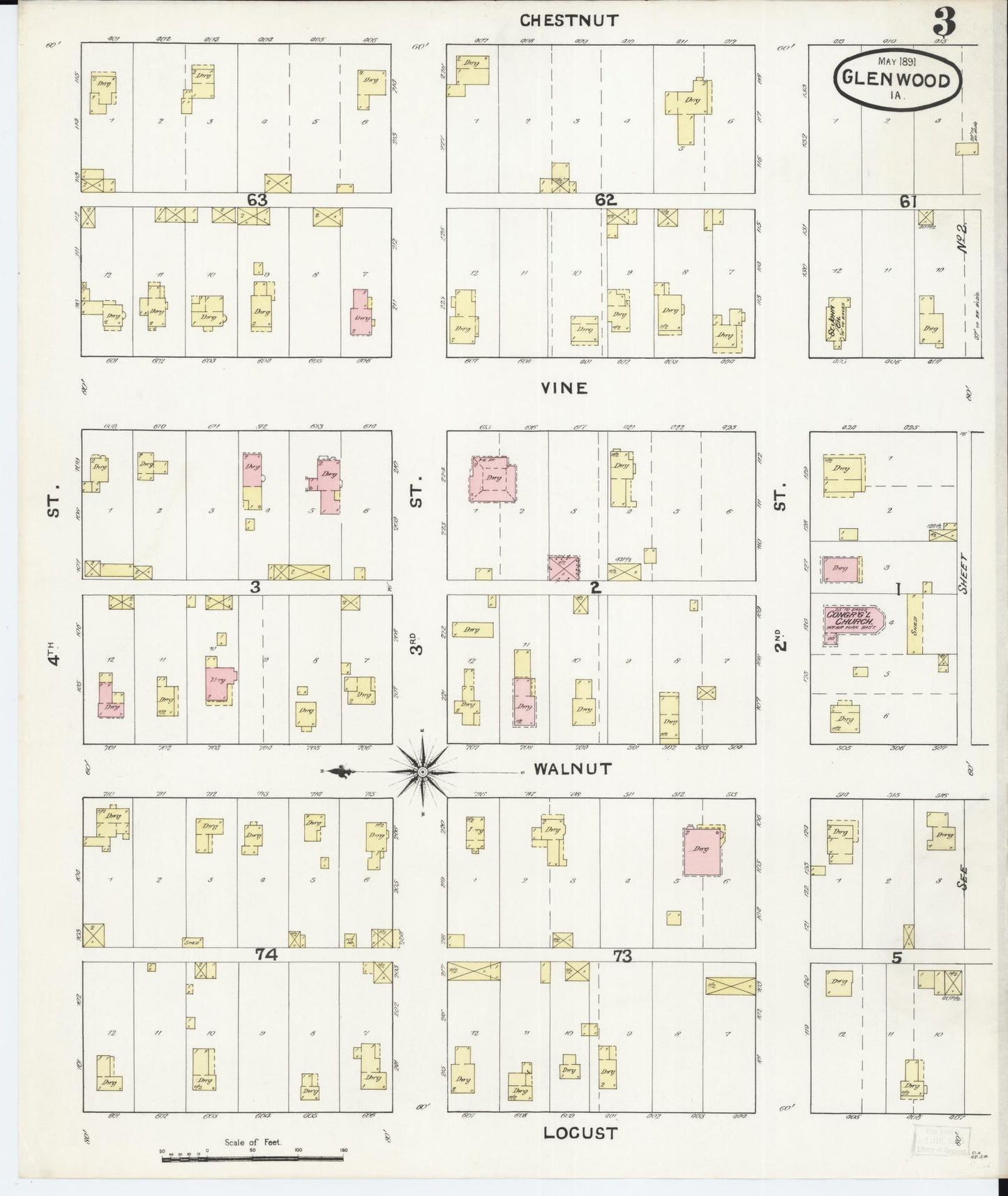 Sanborn Fire Insurance Map from Glenwood, Mills County, Iowa (1891), Sheet #0003 - Historic Sanborn Fire Insurance Map Print, vintage old map wall art