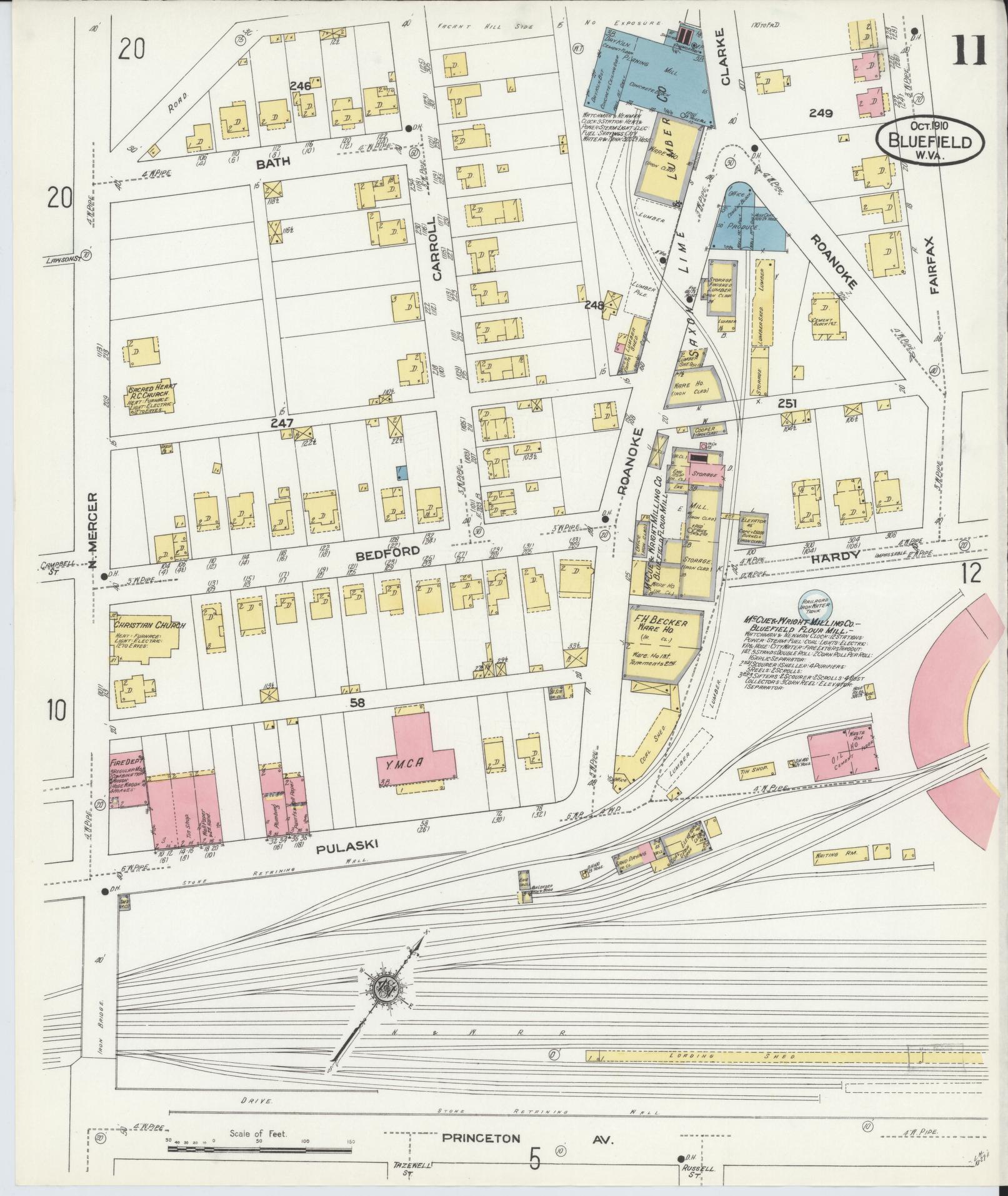 Sanborn Fire Insurance Map from Bluefield, Mercer County, West Virginia (1910), Sheet #0011 - Historic Sanborn Fire Insurance Map Print, vintage old map wall art, antique decor, genealogy gift, West Virginia West Virginia map